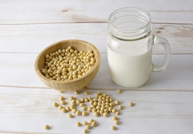 soy milk in glass with soy beans in bowl